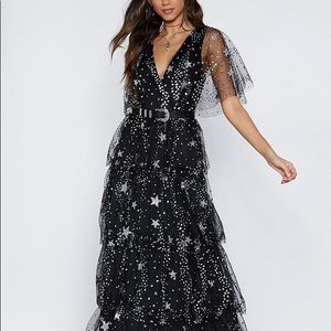 Nasty Gal black maxi dress with silver stars NWT